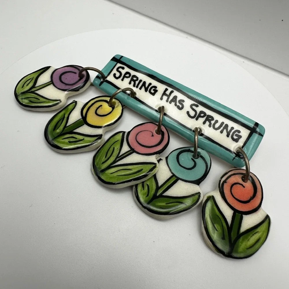Vintage 80s Spring‎ Has Sprung Enamel Brooch Colourful Dangling Flowers Jewelry